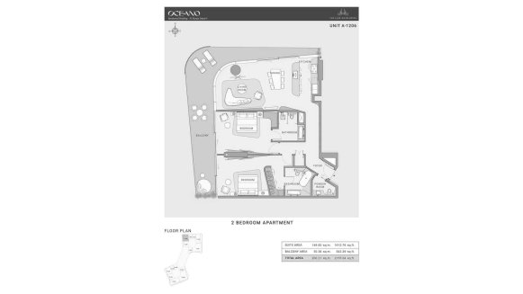 Планировка объекта 2 спальни в ЖК OCEANO № 11007 (2D)