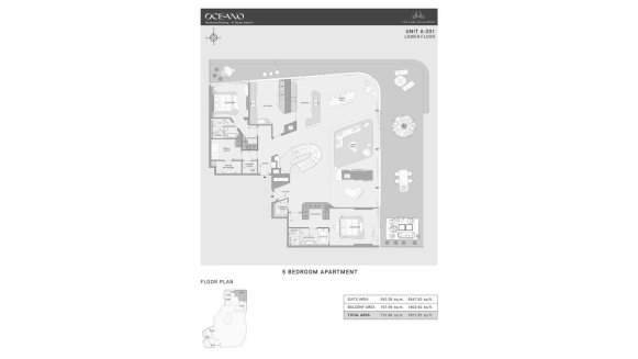 Penthouse floor plan, 5 bedrooms in OCEANO No. 11011 (2D)