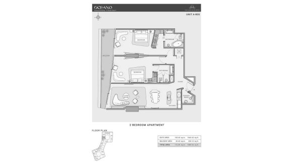 Apartment floor plan, 2 bedrooms in OCEANO No. 11008 (2D)