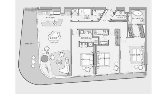 Apartment floor plan, 3 bedrooms in OCEANO No. 11013 (2D)