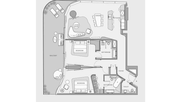 Apartment floor plan, 2 bedrooms in OCEANO No. 11012 (2D)